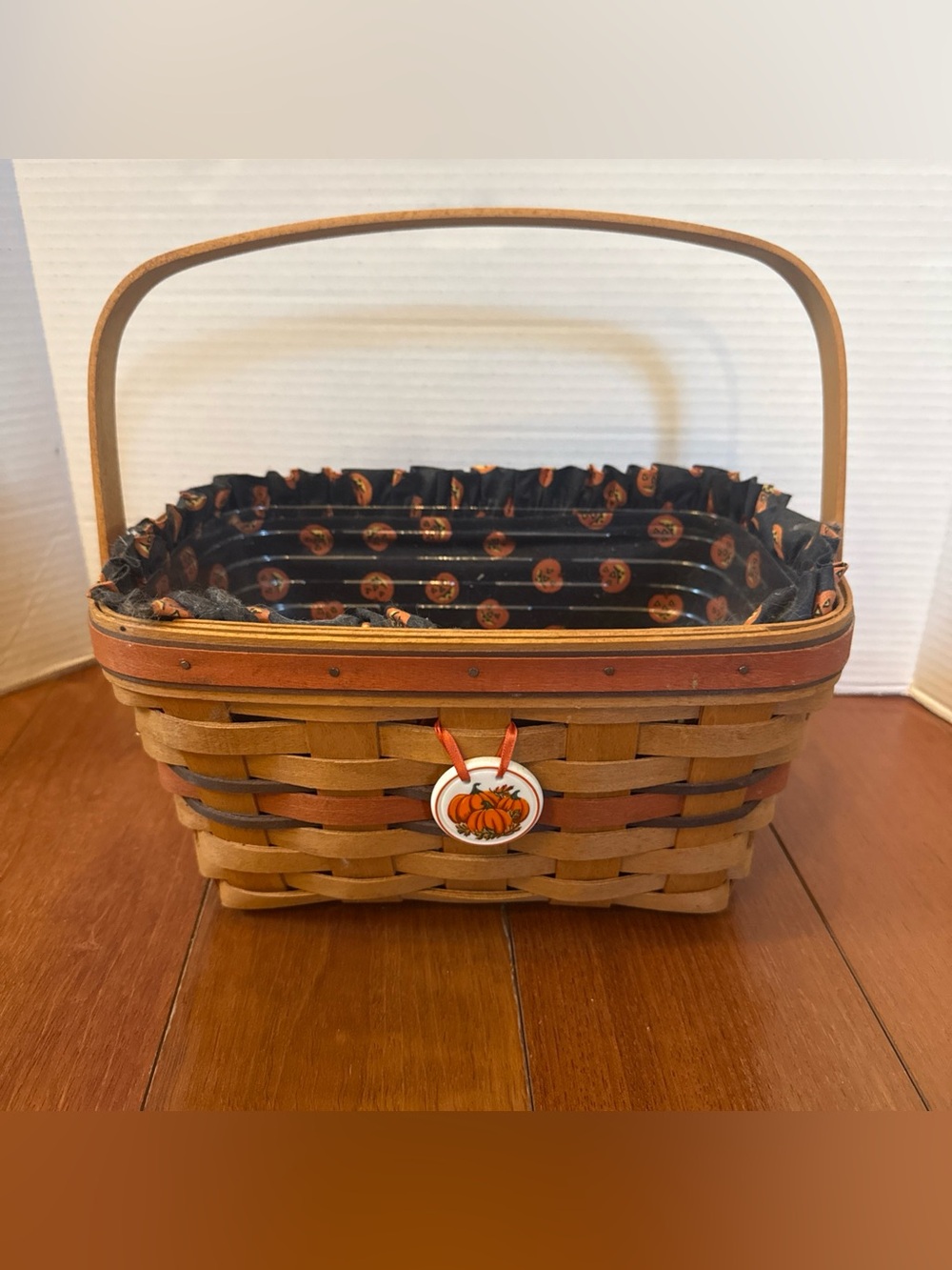 VTG 1994 Longaberger Halloween Boo Swing Handled Basket w/ Pumpkin Fabric Liner